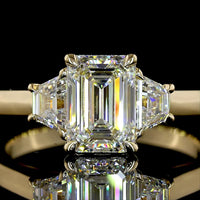 14K Yellow Gold Three Stone Ring with 1.26 Carat Emerald Cut Lab Diamond and 0.48 Carat Straight Baguette Diamonds - Total 1.74 Carats, IGI Certified D VVS2 - Covaloro Fine Jewelry