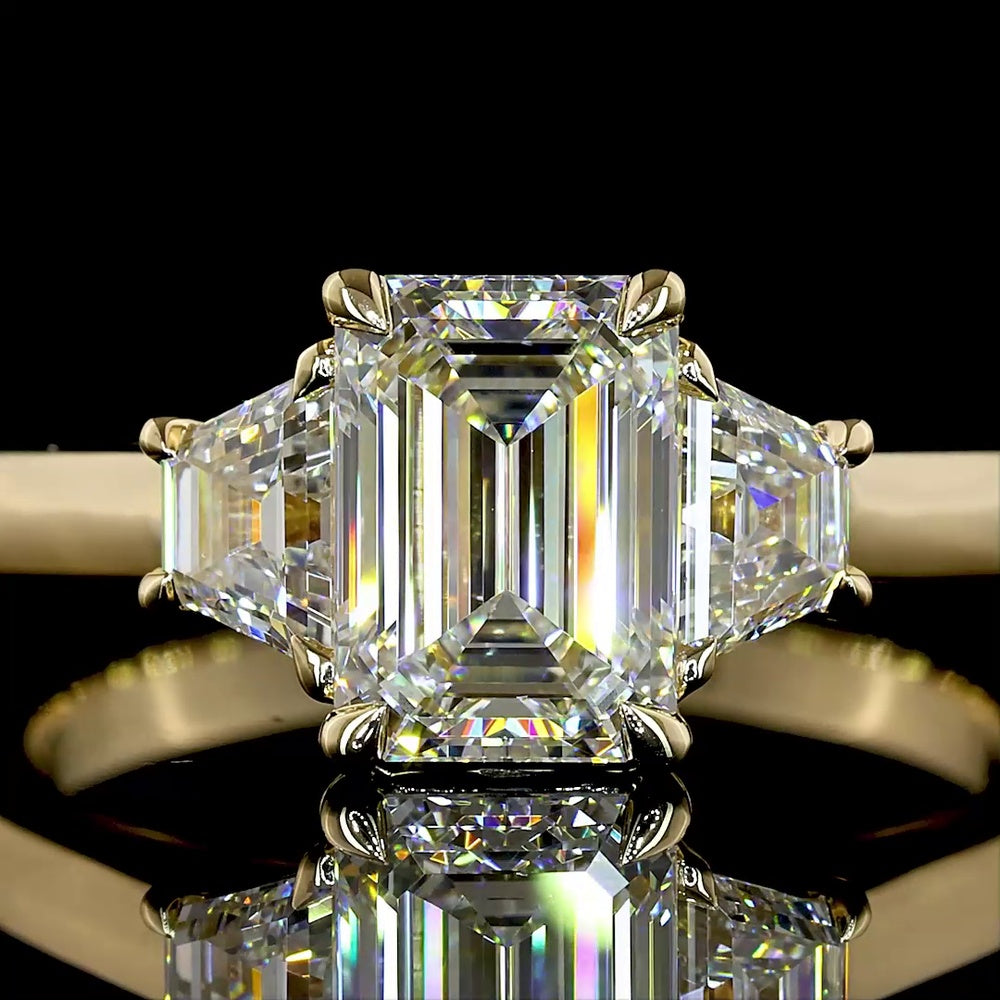 14K Yellow Gold Three Stone Ring with 1.26 Carat Emerald Cut Lab Diamond and 0.48 Carat Straight Baguette Diamonds - Total 1.74 Carats, IGI Certified D VVS2 - Covaloro Fine Jewelry