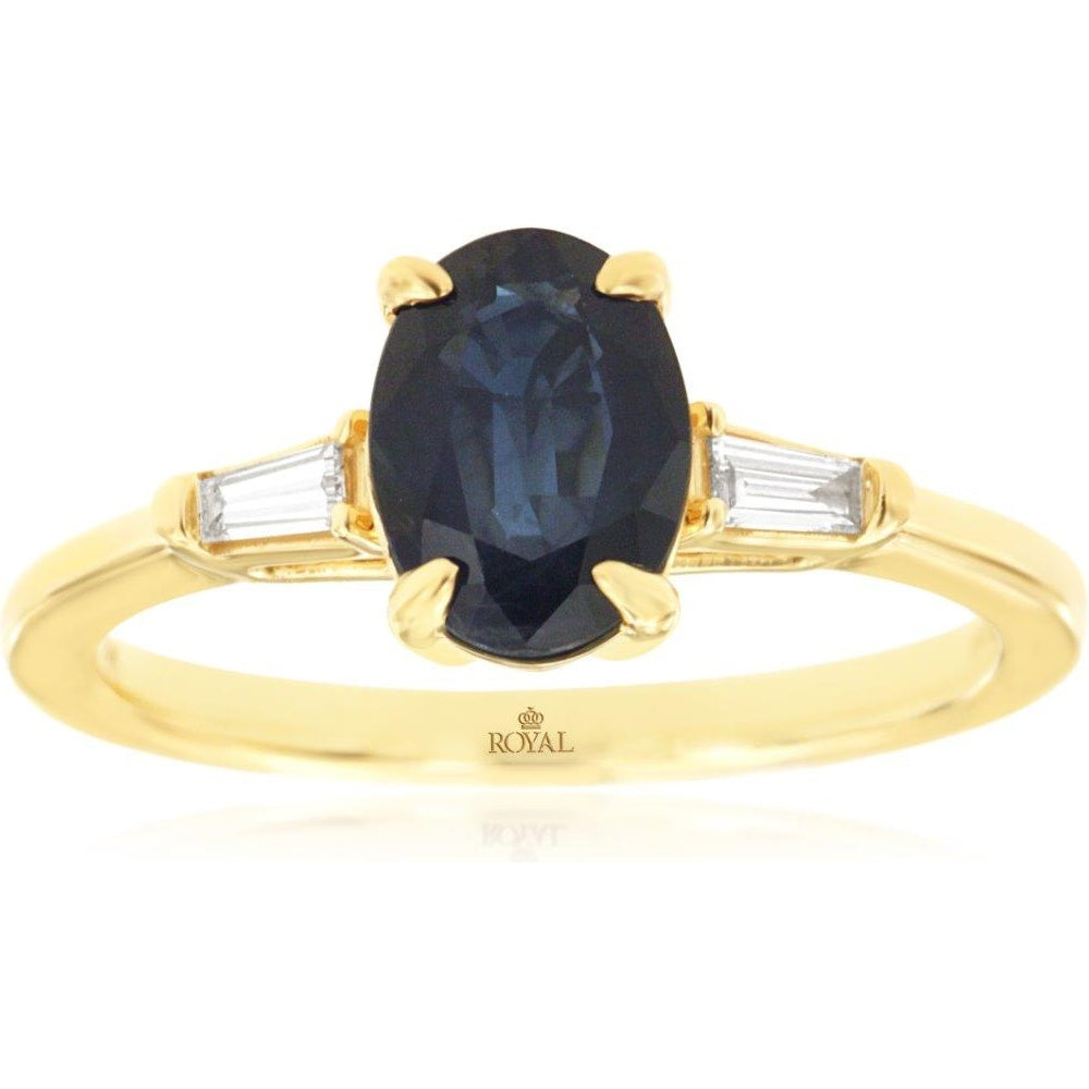 14K Yellow Gold Three-Stone Ring with 1.47 Carat Oval Sapphire and Tapered Baguette Diamonds - 0.11 Carat Total Diamond Weight - Royal Jewelry