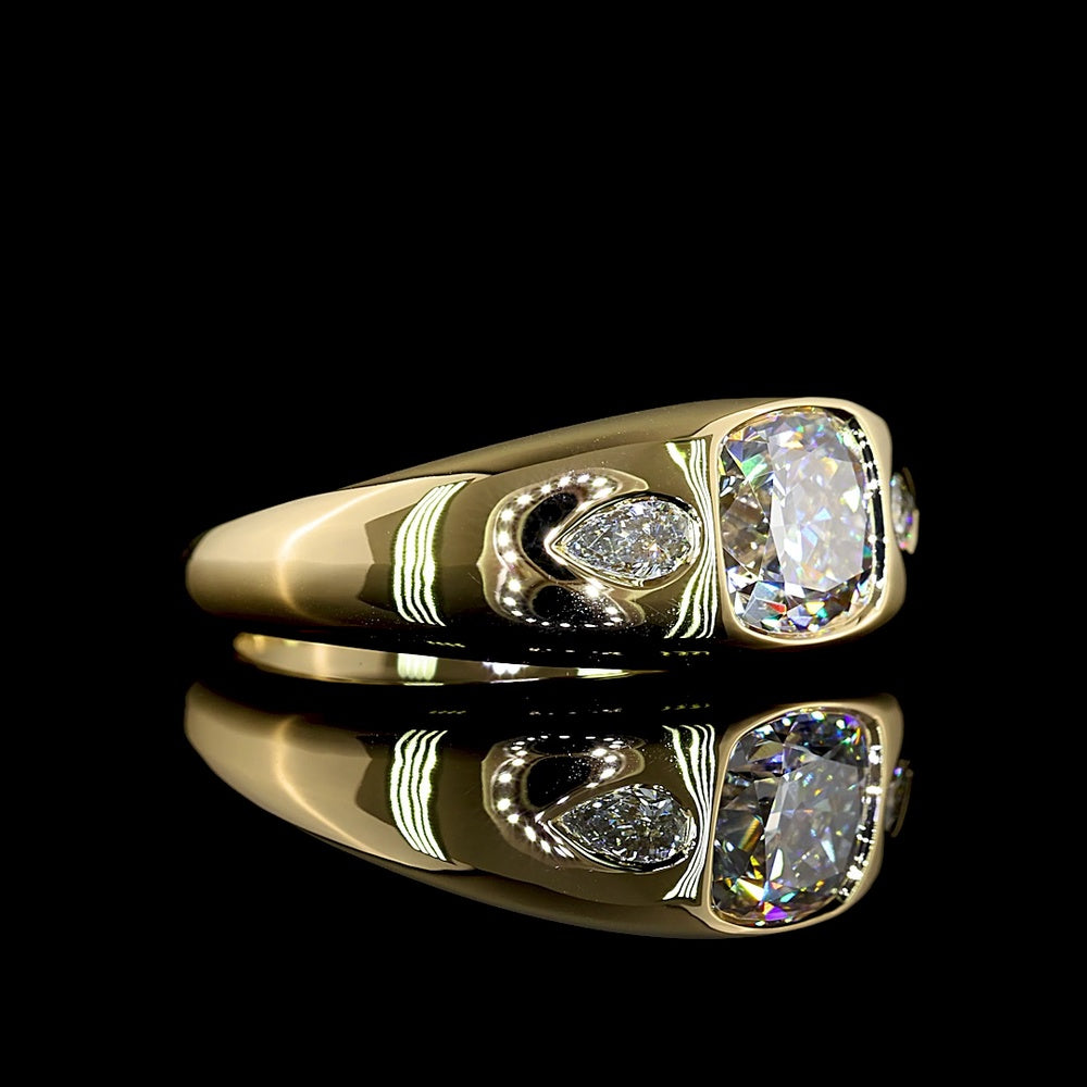 14K Yellow Gold Three Stone Ring with 1.50 Carat Square Cushion Brilliant Lab Diamond and 0.20 Carat Pear Shape Side Diamonds - 1.70 Carat Total Diamond Weight - Covaloro Fine Jewelry