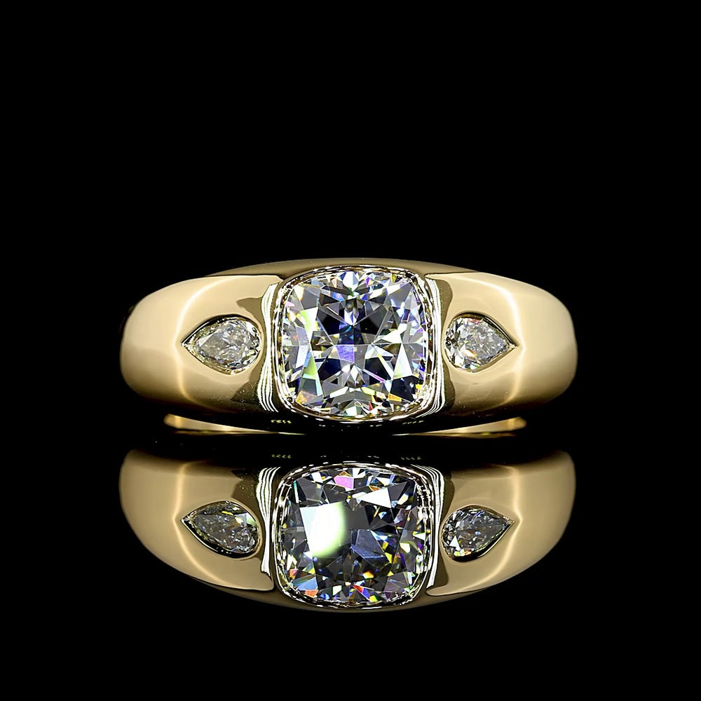 14K Yellow Gold Three Stone Ring with 1.50 Carat Square Cushion Brilliant Lab Diamond and 0.20 Carat Pear Shape Side Diamonds - 1.70 Carat Total Diamond Weight - Covaloro Fine Jewelry