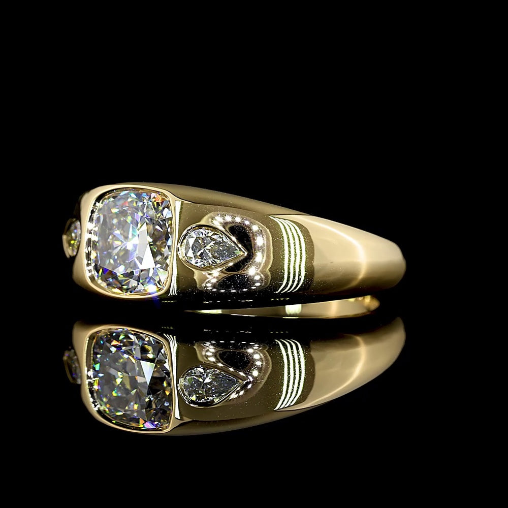 14K Yellow Gold Three Stone Ring with 1.50 Carat Square Cushion Brilliant Lab Diamond and 0.20 Carat Pear Shape Side Diamonds - 1.70 Carat Total Diamond Weight - Covaloro Fine Jewelry