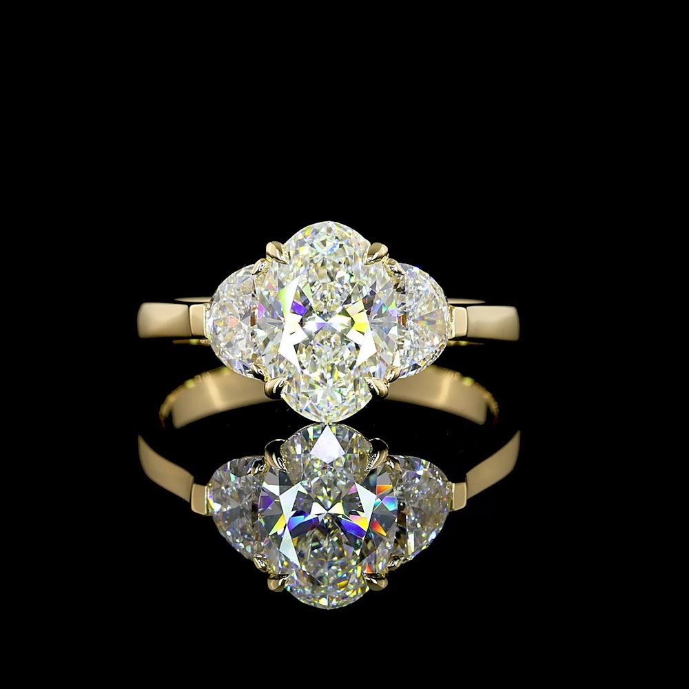 14K Yellow Gold Three-Stone Ring with 1.50 Carats Oval Cut Lab Diamond and Half-Moon Accent Diamonds - 2.15 Carats Total Diamond Weight - Covaloro Fine Jewelry