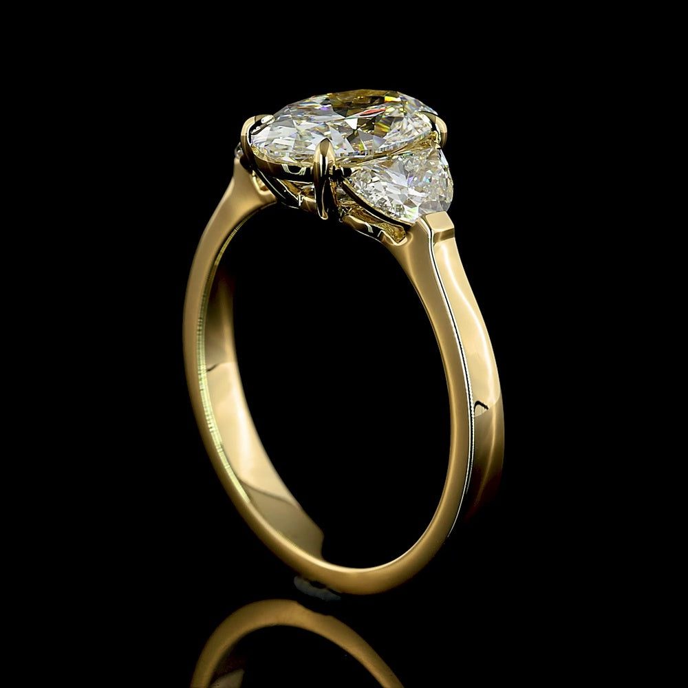 14K Yellow Gold Three-Stone Ring with 1.50 Carats Oval Cut Lab Diamond and Half-Moon Accent Diamonds - 2.15 Carats Total Diamond Weight - Covaloro Fine Jewelry