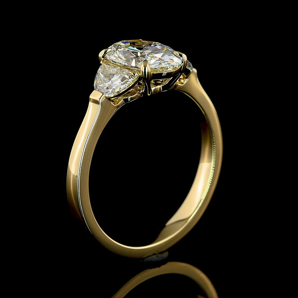 14K Yellow Gold Three-Stone Ring with 1.50 Carats Oval Cut Lab Diamond and Half-Moon Accent Diamonds - 2.15 Carats Total Diamond Weight - Covaloro Fine Jewelry