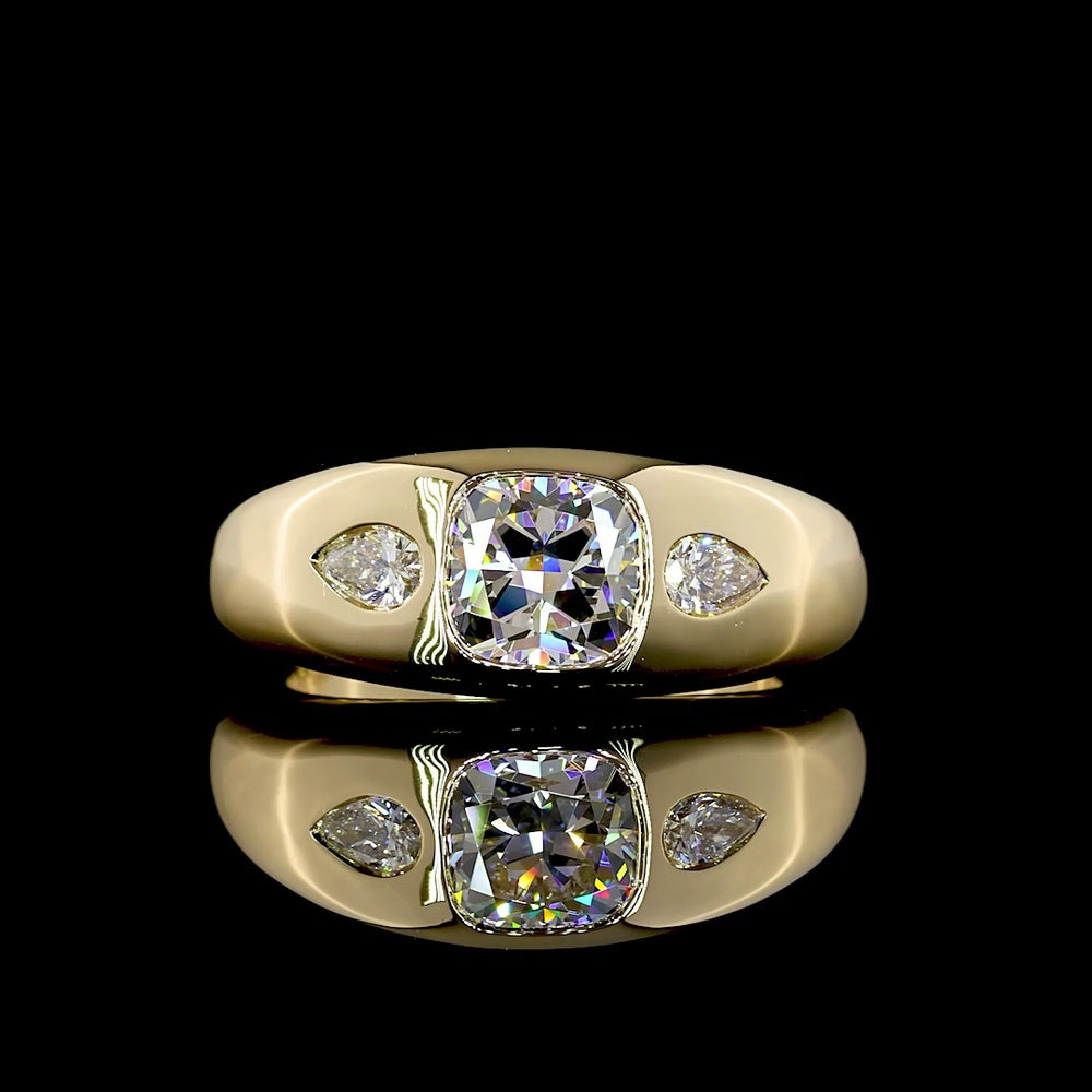 14K Yellow Gold Three Stone Ring with 1.51 Carat Square Cushion Brilliant Lab Diamond and Pear Shape Side Stones - 1.71 Carat Total Diamond Weight - Covaloro Fine Jewelry