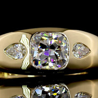 14K Yellow Gold Three Stone Ring with 1.51 Carat Square Cushion Brilliant Lab Diamond and Pear Shape Side Stones - 1.71 Carat Total Diamond Weight - Covaloro Fine Jewelry