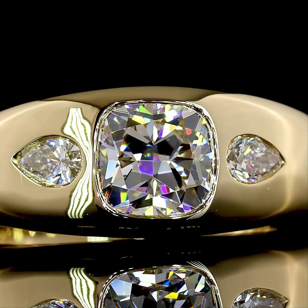 14K Yellow Gold Three Stone Ring with 1.51 Carat Square Cushion Brilliant Lab Diamond and Pear Shape Side Stones - 1.71 Carat Total Diamond Weight - Covaloro Fine Jewelry