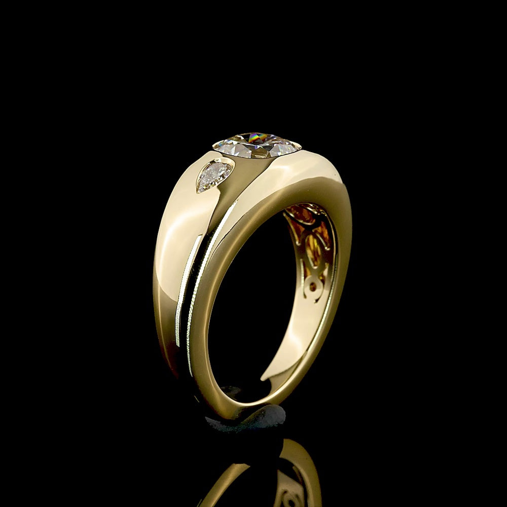 14K Yellow Gold Three Stone Ring with 1.51 Carat Square Cushion Brilliant Lab Diamond and Pear Shape Side Stones - 1.71 Carat Total Diamond Weight - Covaloro Fine Jewelry