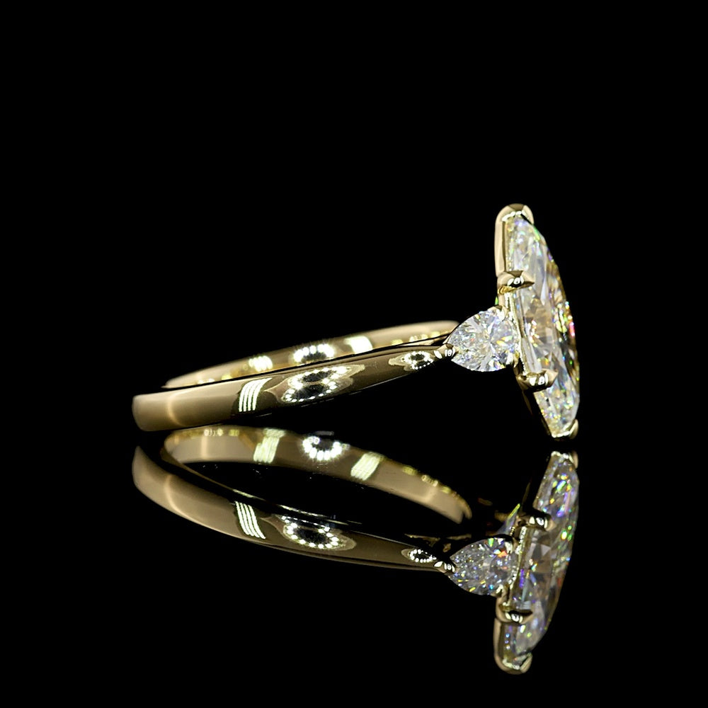 14K Yellow Gold Three-Stone Ring with 1.53 Carat Marquise Cut Lab Diamond and Pear Shape Side Stones - 1.8 Carat Total Diamond Weight - Covaloro Fine Jewelry