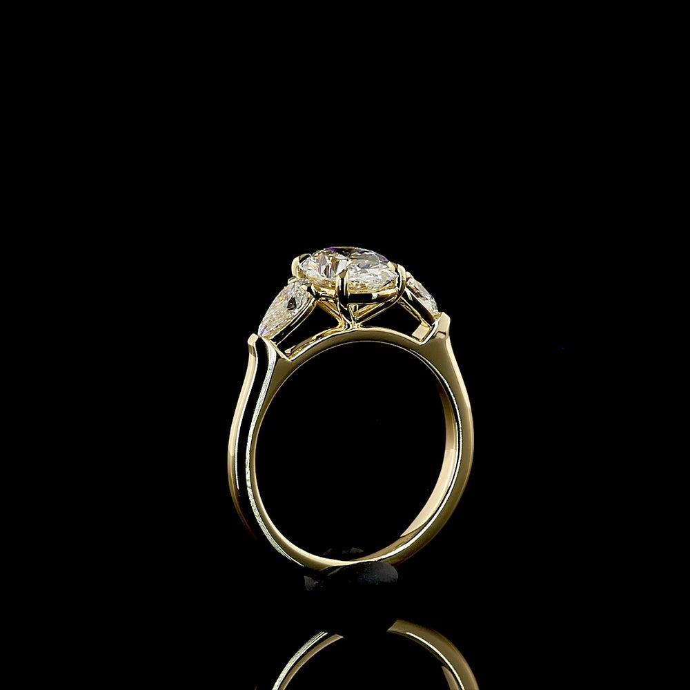 14K Yellow Gold Three Stone Ring with 1.56 Carat Oval Cut Lab Diamond (D VVS2) and 0.49 Carat Pear Shaped Lab Diamonds - 2.05 Carat Total Diamond Weight - Covaloro Fine Jewelry
