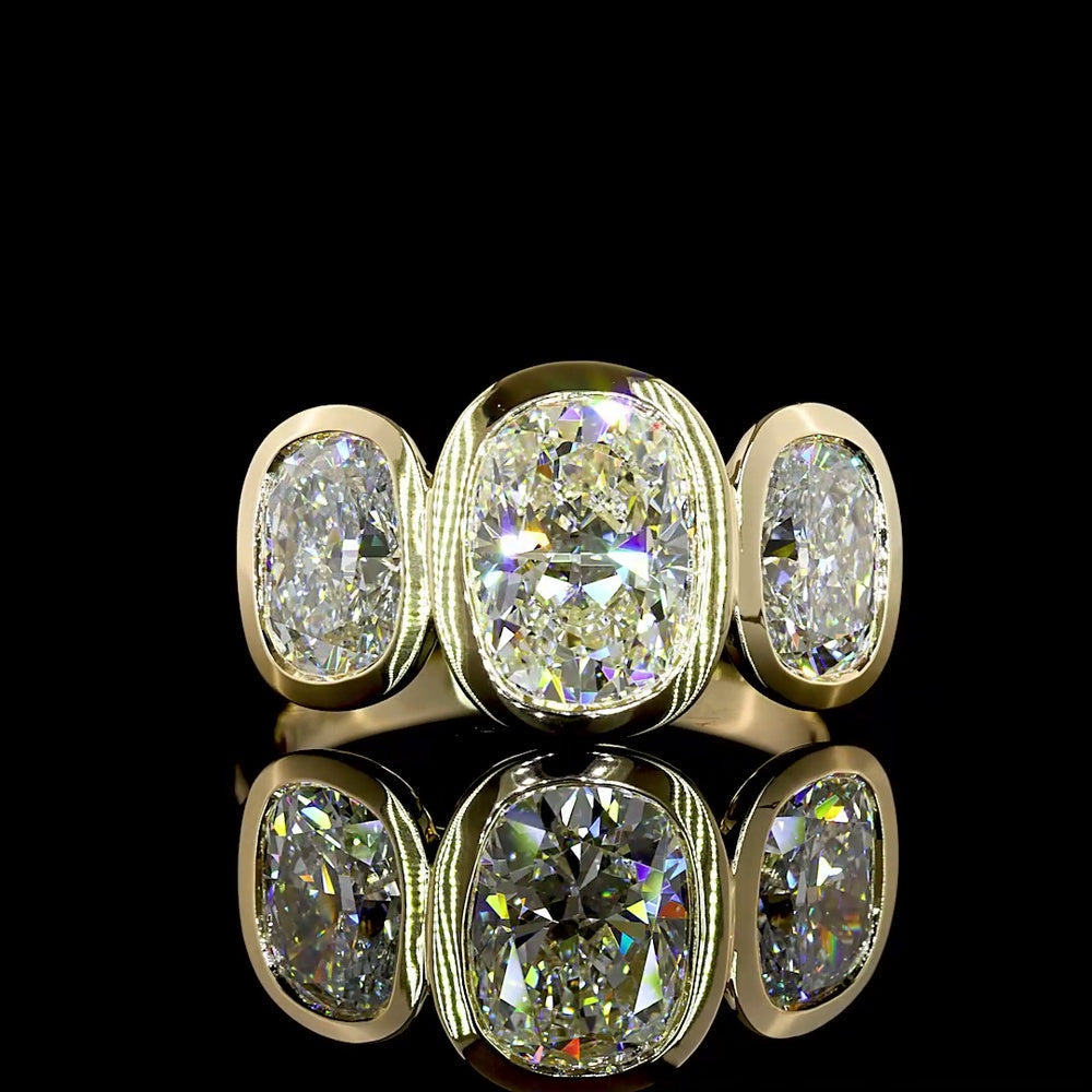 14K Yellow Gold Three Stone Ring with 1.90 Carat Cushion Cut and 2.13 Carat Oval Lab Grown CVD Diamonds - Total 4.04 Carat Weight - Covaloro Fine Jewelry