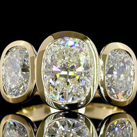 14K Yellow Gold Three Stone Ring with 1.90 Carat Cushion Cut and 2.13 Carat Oval Lab Grown CVD Diamonds - Total 4.04 Carat Weight - Covaloro Fine Jewelry