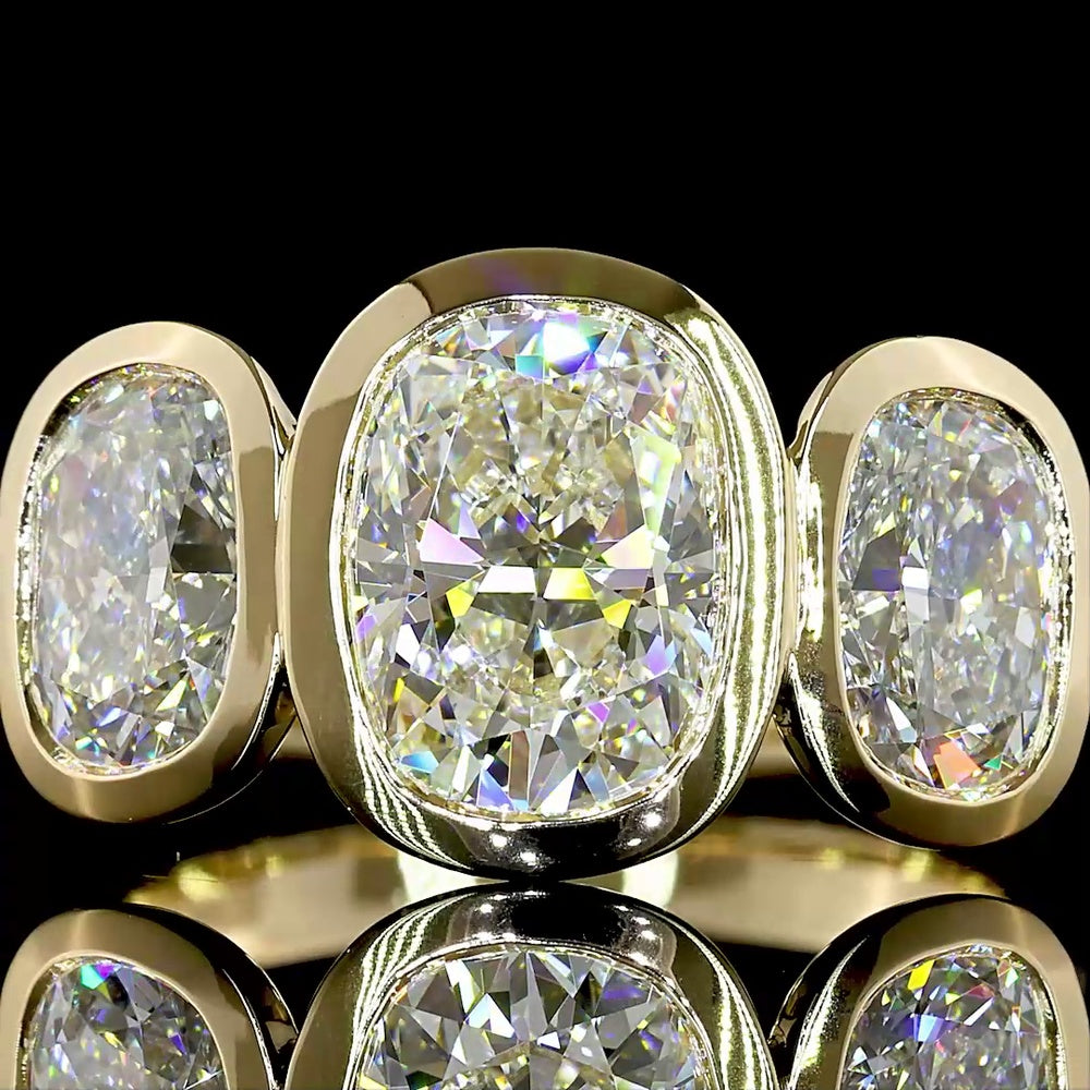 14K Yellow Gold Three Stone Ring with 1.90 Carat Cushion Cut and 2.13 Carat Oval Lab Grown CVD Diamonds - Total 4.04 Carat Weight - Covaloro Fine Jewelry