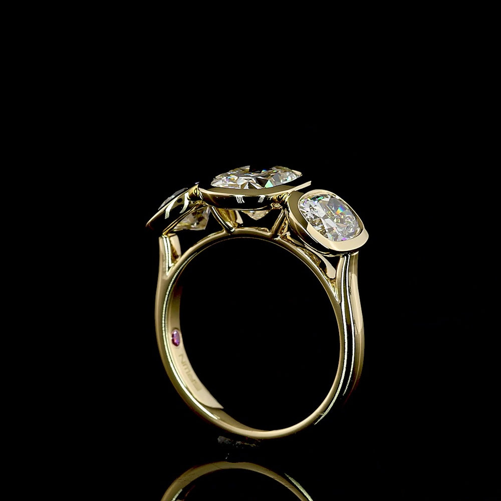 14K Yellow Gold Three Stone Ring with 1.90 Carat Cushion Cut and 2.13 Carat Oval Lab Grown CVD Diamonds - Total 4.04 Carat Weight - Covaloro Fine Jewelry