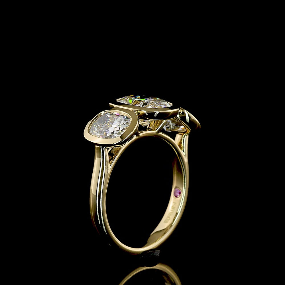 14K Yellow Gold Three Stone Ring with 1.90 Carat Cushion Cut and 2.13 Carat Oval Lab Grown CVD Diamonds - Total 4.04 Carat Weight - Covaloro Fine Jewelry