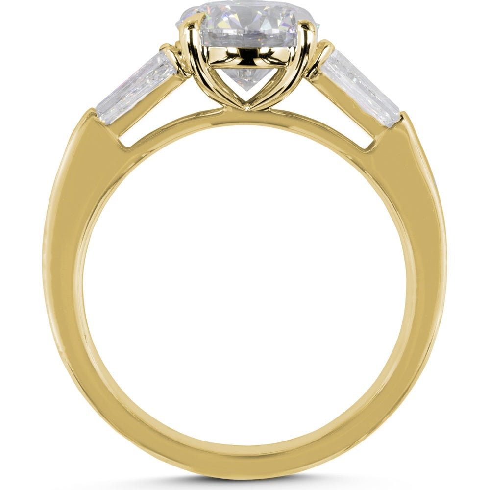 14K Yellow Gold Three Stone Ring with 2.00 Carat Round Lab Diamond and 0.41 Carat Tapered Baguette Lab Diamonds - GIA Certified - Covaloro Fine Jewelry