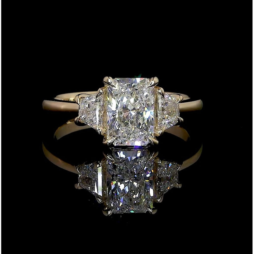14K Yellow Gold Three Stone Ring with 2.01 Carat Radiant Cut Lab Diamond and 0.66 Carat Side Stones - 2.67 Total Carat Weight, E VS1 GIA Certified - Covaloro Fine Jewelry