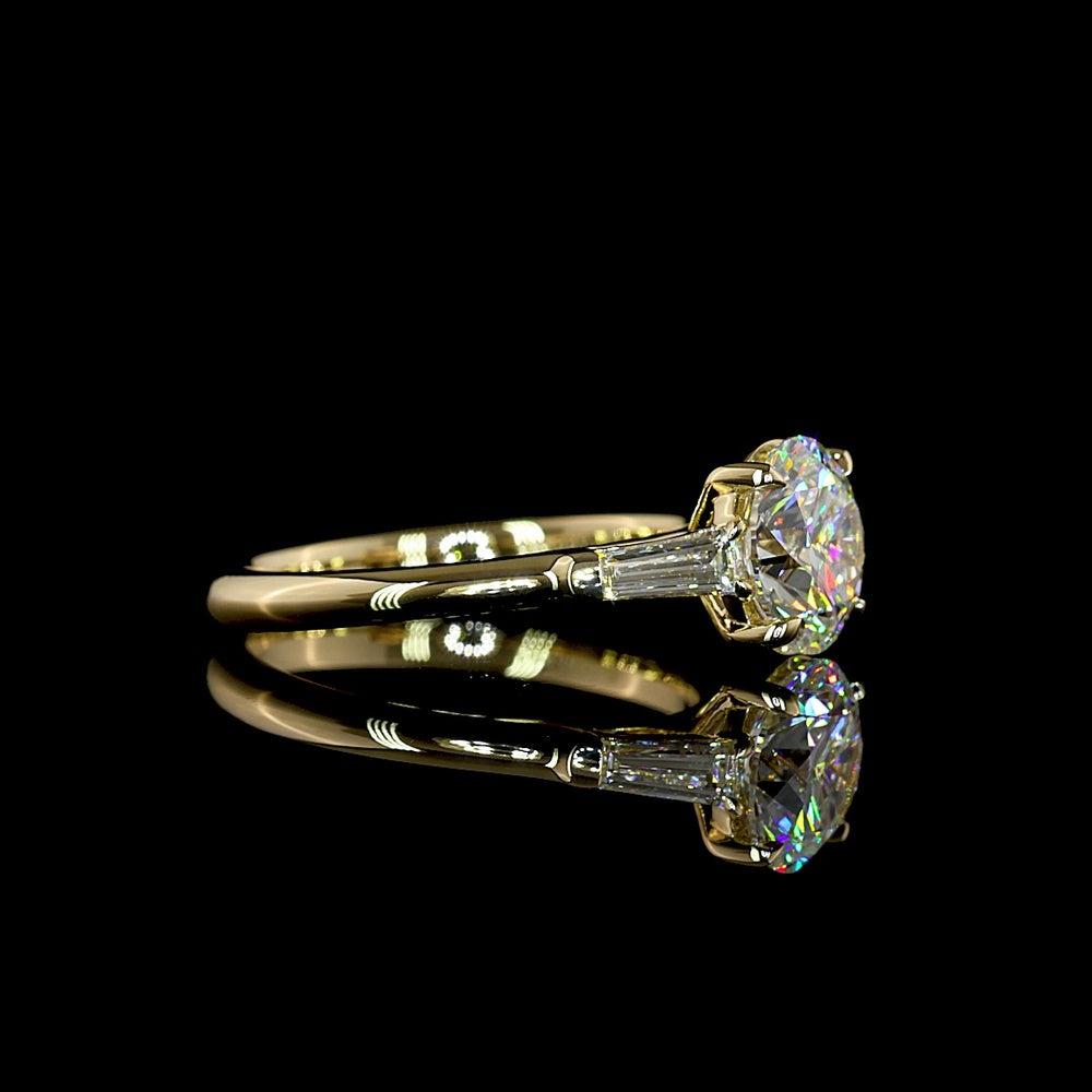 14K Yellow Gold Three Stone Ring with 2.02 Carat Round Brilliant Lab Diamond and 0.38 Carat Tapered Baguette Side Diamonds - 2.40 Total Carat Weight IGI Certified E VVS2 - Covaloro Fine Jewelry