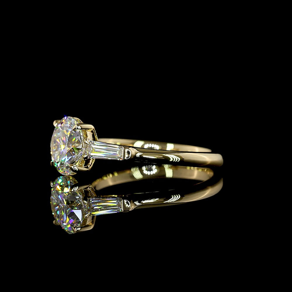 14K Yellow Gold Three Stone Ring with 2.02 Carat Round Brilliant Lab Diamond and 0.38 Carat Tapered Baguette Side Diamonds - 2.40 Total Carat Weight IGI Certified E VVS2 - Covaloro Fine Jewelry
