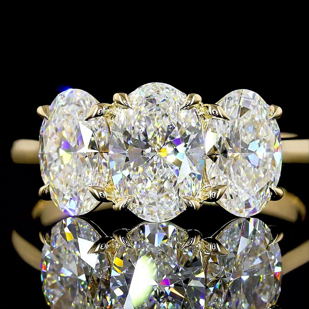 14K Yellow Gold Three Stone Ring with 2.05 Carats Oval Cut Lab Diamond and 0.94 Carats Half-Moon Lab Diamonds - 2.99 Carats Total Diamond Weight - Covaloro Fine Jewelry