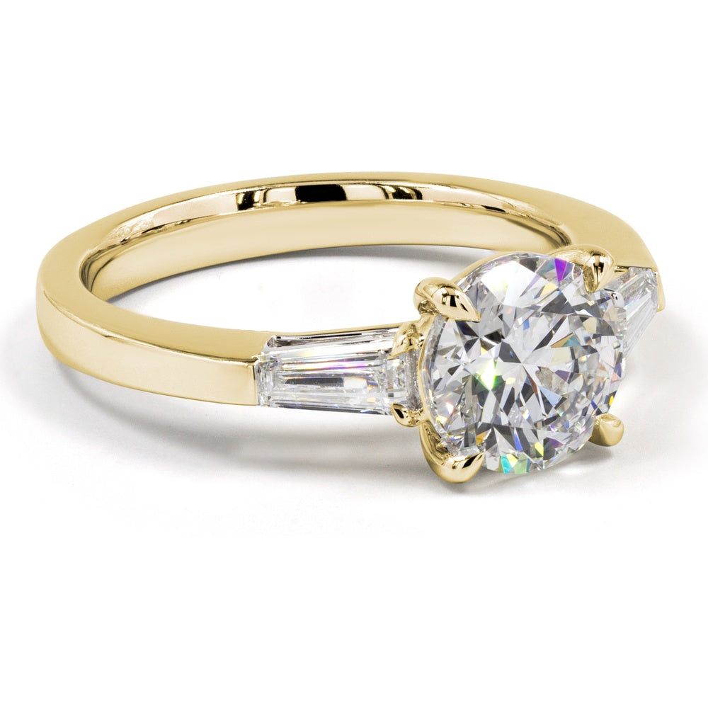 14K Yellow Gold Three Stone Ring with 2.07 Carats Round Brilliant Lab Diamond and 0.53 Carats Baguette Side Stones - 2.60 Carats Total Diamond Weight - Covaloro Fine Jewelry