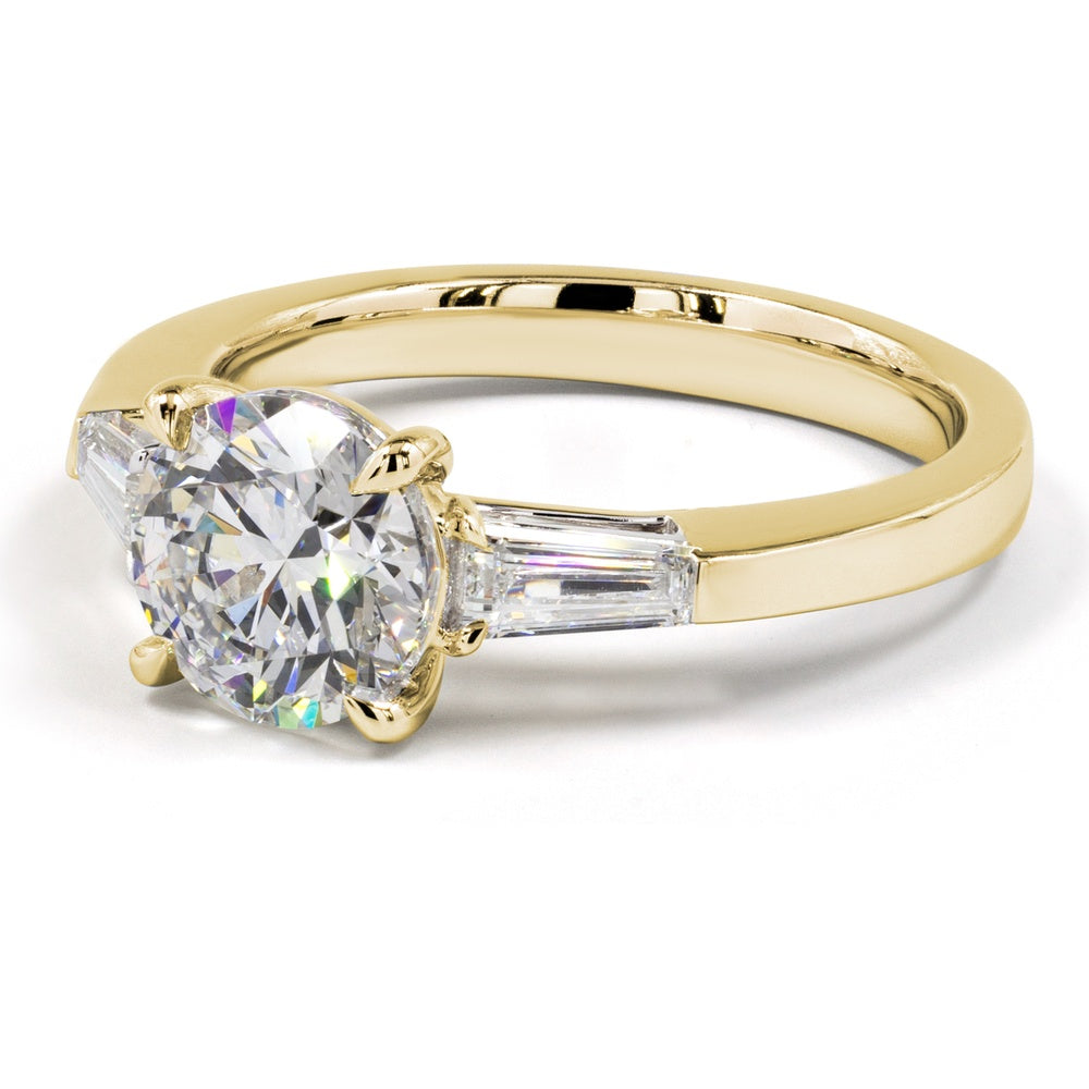 14K Yellow Gold Three Stone Ring with 2.07 Carats Round Brilliant Lab Diamond and 0.53 Carats Baguette Side Stones - 2.60 Carats Total Diamond Weight - Covaloro Fine Jewelry