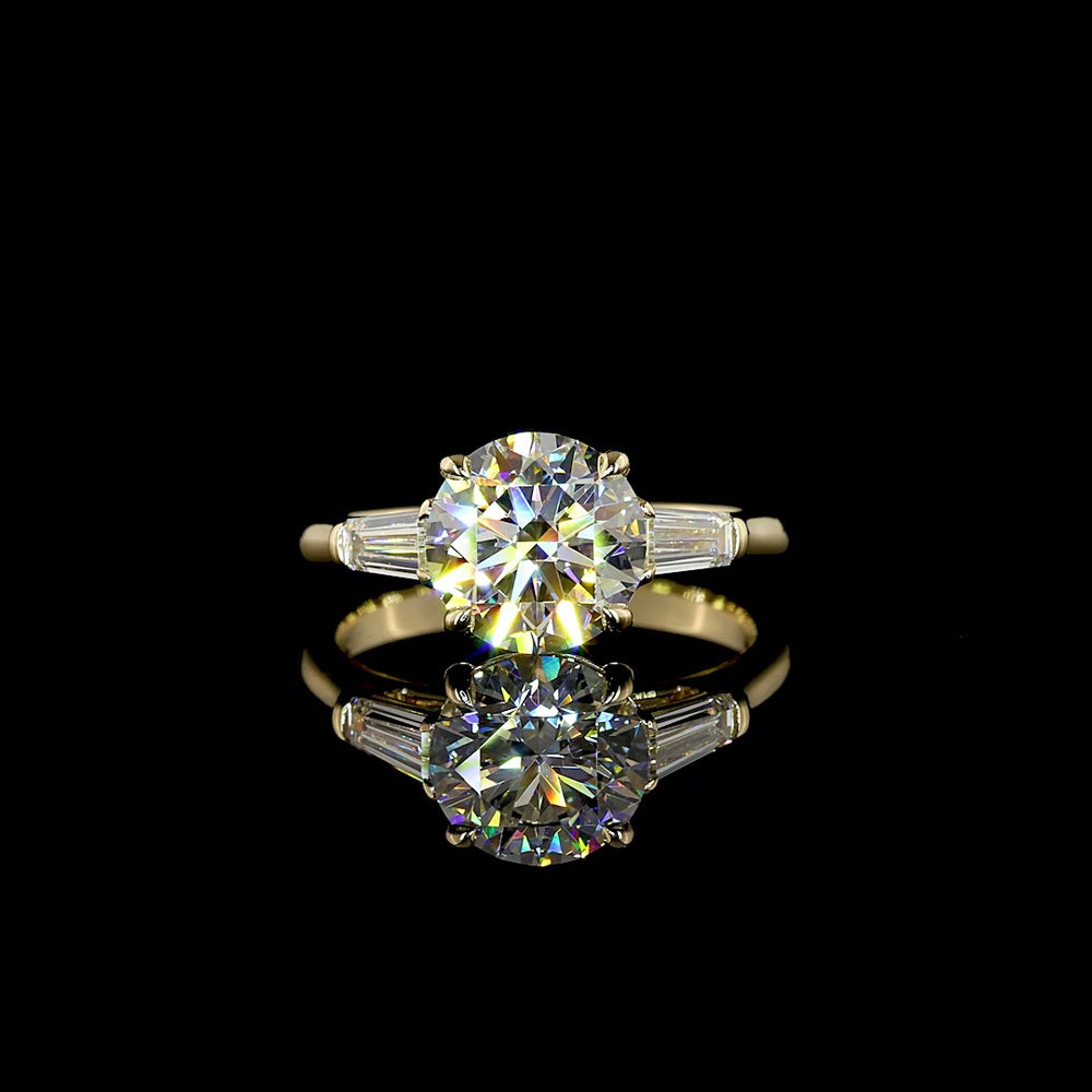 14K Yellow Gold Three-Stone Ring with 2.52 Carat Round Brilliant Lab Diamond and 0.54 Carat Tapered Baguette Side Stones - 3.06 Carats Total Diamond Weight - Covaloro Fine Jewelry