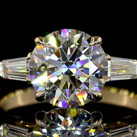 14K Yellow Gold Three-Stone Ring with 2.52 Carat Round Brilliant Lab Diamond and 0.54 Carat Tapered Baguette Side Stones - 3.06 Carats Total Diamond Weight - Covaloro Fine Jewelry
