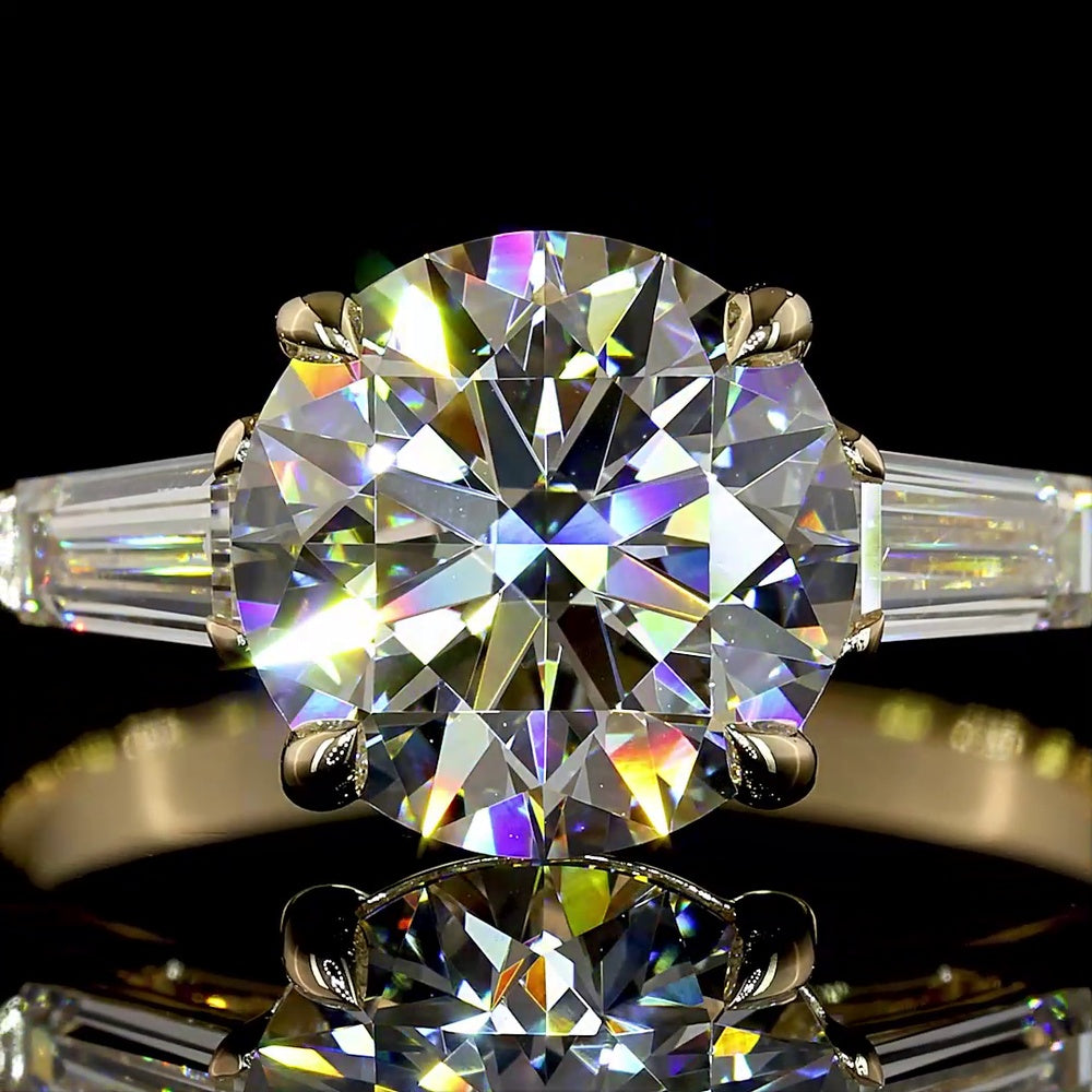 14K Yellow Gold Three-Stone Ring with 2.52 Carat Round Brilliant Lab Diamond and 0.54 Carat Tapered Baguette Side Stones - 3.06 Carats Total Diamond Weight - Covaloro Fine Jewelry