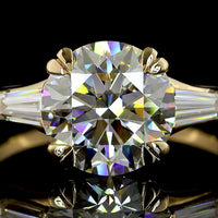 14K Yellow Gold Three-Stone Ring with 2.53 Carat Round Lab Diamond and Tapered Baguette Side Stones - 2.90 Carats Total Diamond Weight (E VVS2 IGI Certified) - Covaloro Fine Jewelry
