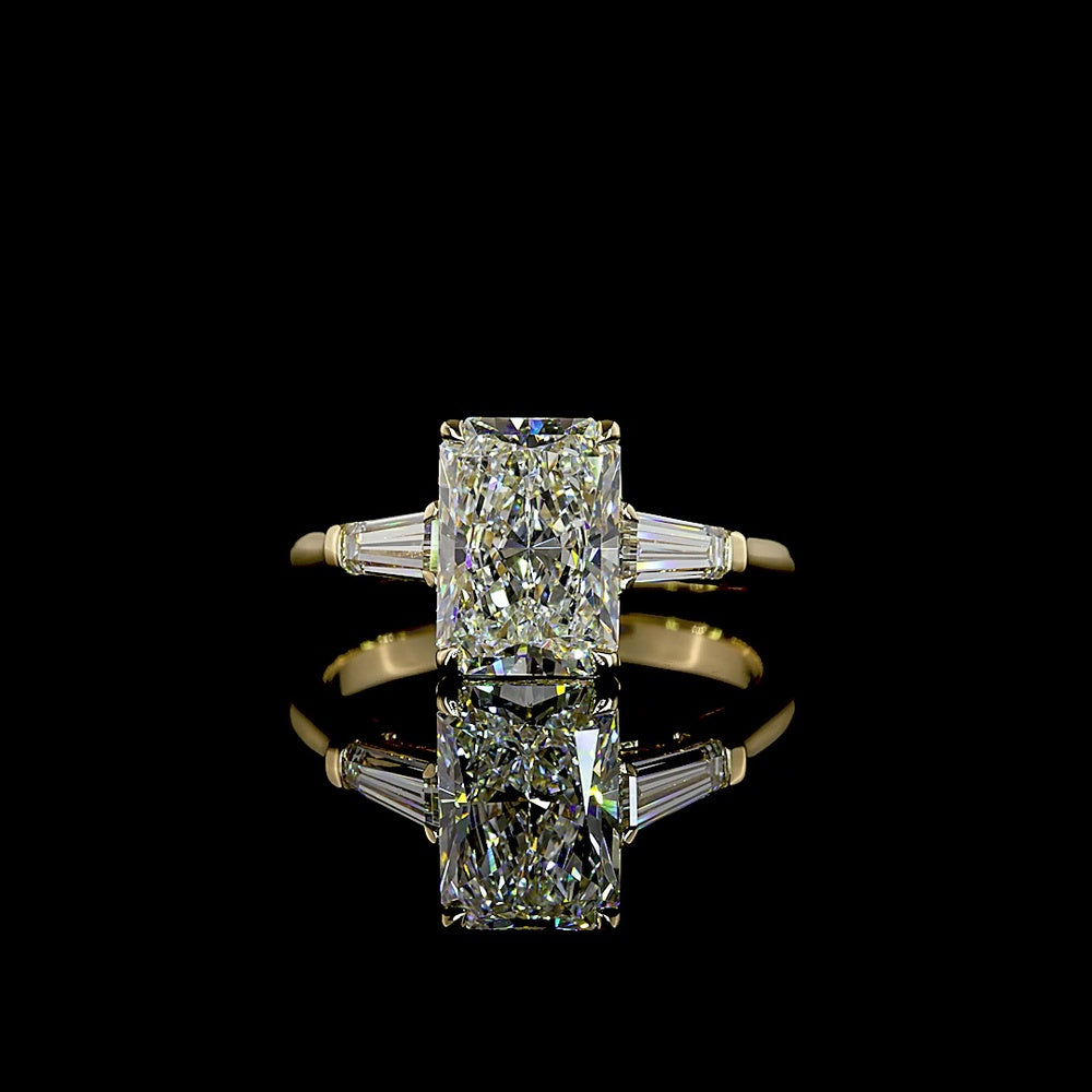 14K Yellow Gold Three Stone Ring with 2.58 Carat Radiant Cut Lab Diamond and Tapered Baguette Side Stones - 3.05 Carat Total Diamond Weight - Covaloro Fine Jewelry