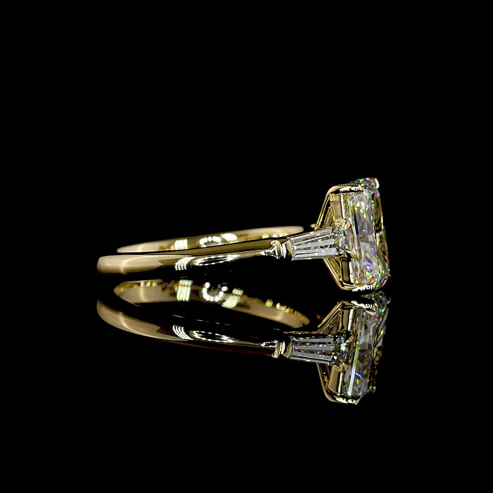 14K Yellow Gold Three Stone Ring with 2.58 Carat Radiant Cut Lab Diamond and Tapered Baguette Side Stones - 3.05 Carat Total Diamond Weight - Covaloro Fine Jewelry