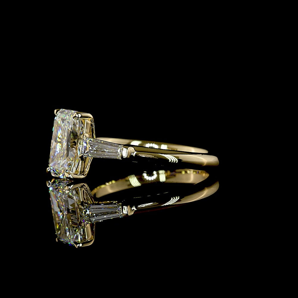 14K Yellow Gold Three Stone Ring with 2.58 Carat Radiant Cut Lab Diamond and Tapered Baguette Side Stones - 3.05 Carat Total Diamond Weight - Covaloro Fine Jewelry