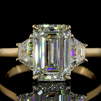 14K Yellow Gold Three Stone Ring with 2.69 Carat Emerald Cut Lab Diamond and 0.79 Carat Trapezoid Side Stones - 3.48 Carat Total Diamond Weight - Covaloro Fine Jewelry