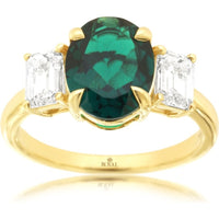 14K Yellow Gold Three-Stone Ring with 2-Carat Oval Lab-Grown Emerald and 1-Carat Total Rectangular Lab-Grown Diamonds - Royal Jewelry