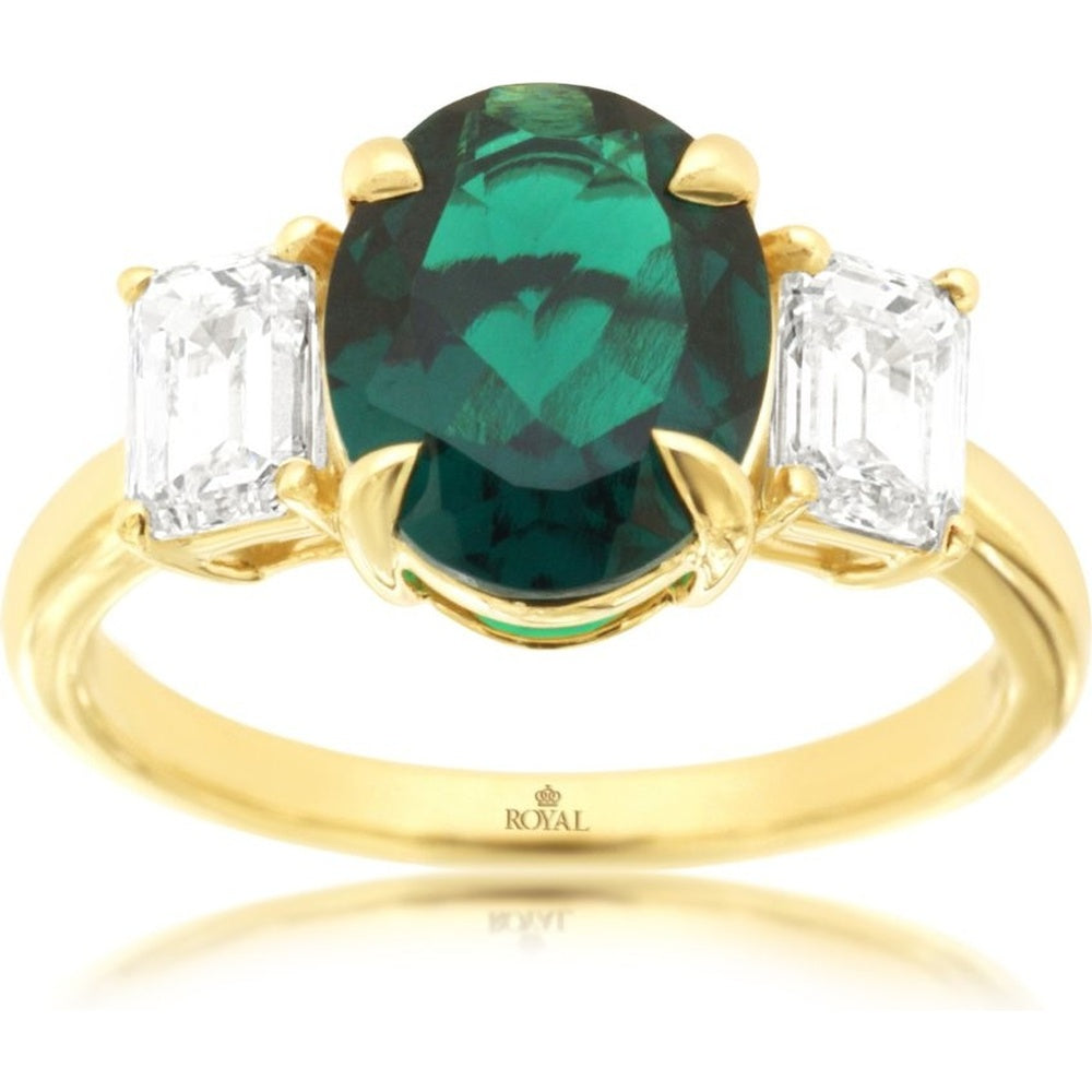 14K Yellow Gold Three-Stone Ring with 2-Carat Oval Lab-Grown Emerald and 1-Carat Total Rectangular Lab-Grown Diamonds - Royal Jewelry
