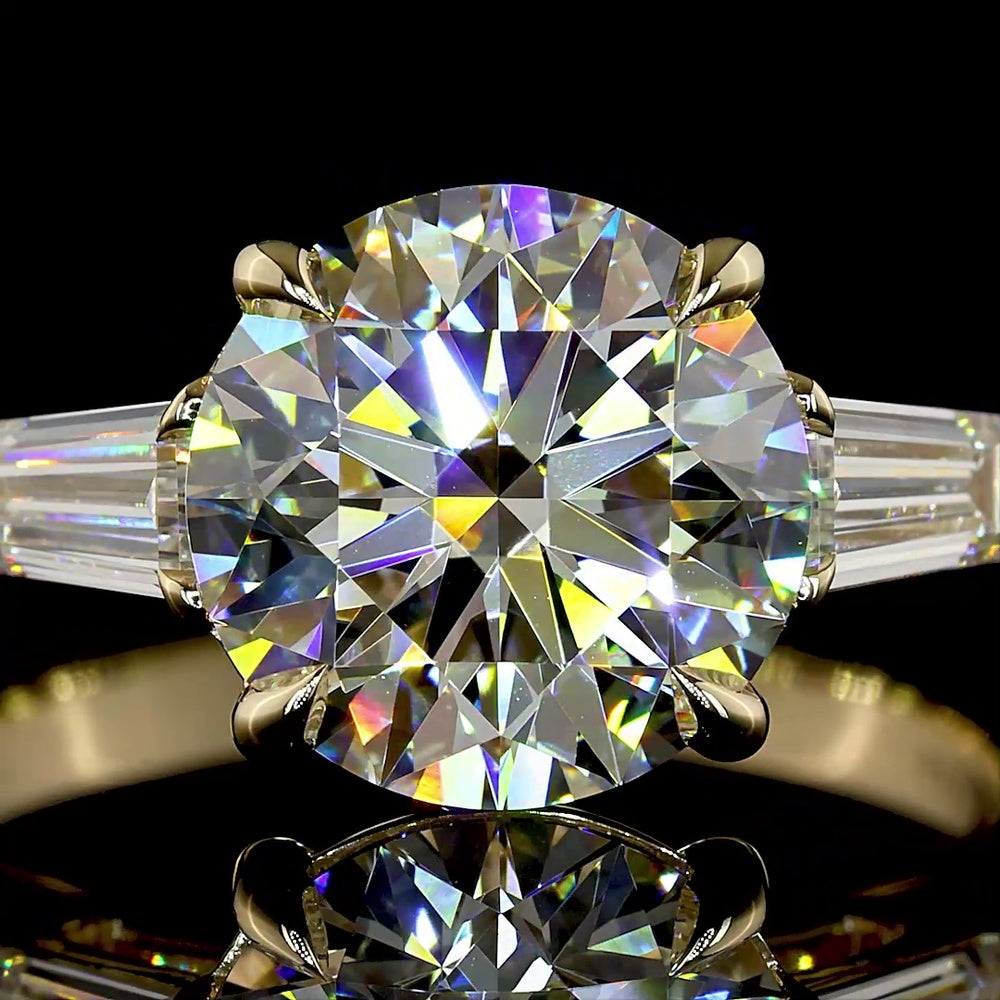 14K Yellow Gold Three-Stone Ring with 3.01 Carat Round Lab Diamond and 0.63 Carat Baguette Side Stones - IGI Certified E-F VVS2 - Covaloro Fine Jewelry