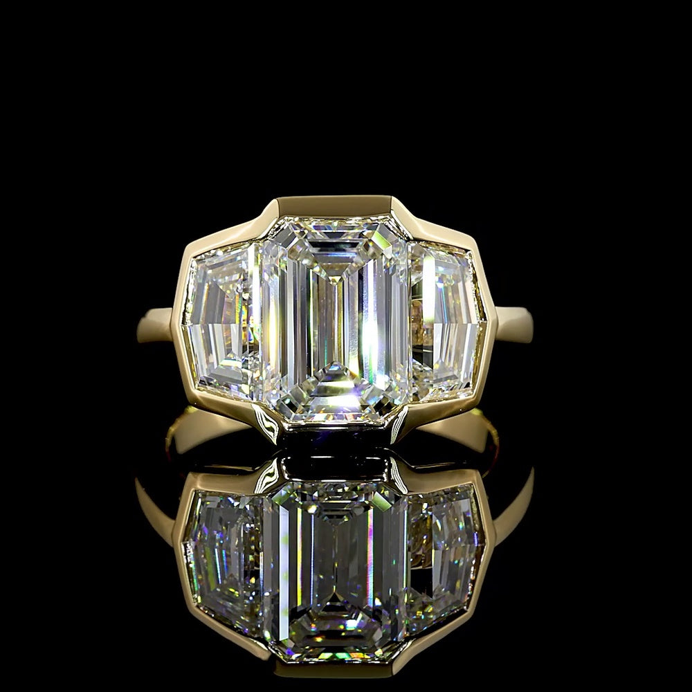 14K Yellow Gold Three Stone Ring with 3.03 Carat Emerald Cut Lab Diamond and 1.62 Carat Cadillac Cut Side Stones - 4.65 Total Carat Weight - Covaloro Fine Jewelry