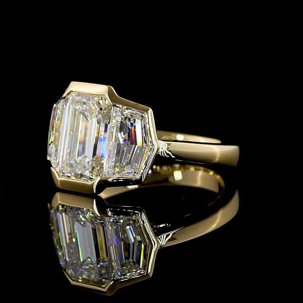 14K Yellow Gold Three Stone Ring with 3.03 Carat Emerald Cut Lab Diamond and 1.62 Carat Cadillac Cut Side Stones - 4.65 Total Carat Weight - Covaloro Fine Jewelry