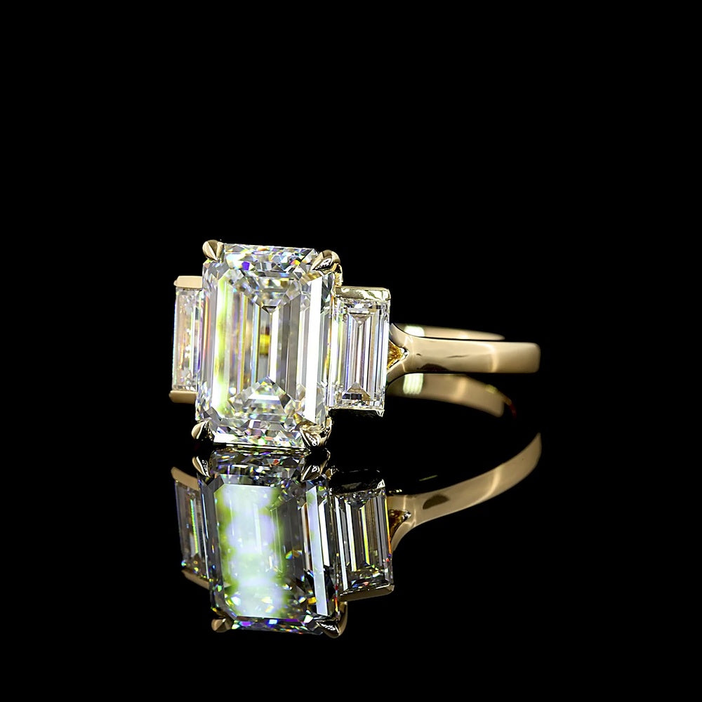 14K Yellow Gold Three Stone Ring with 3.03 Carat Emerald Cut Lab Diamond and Baguette Sides - 3.67 Total Carat Weight - Covaloro Fine Jewelry