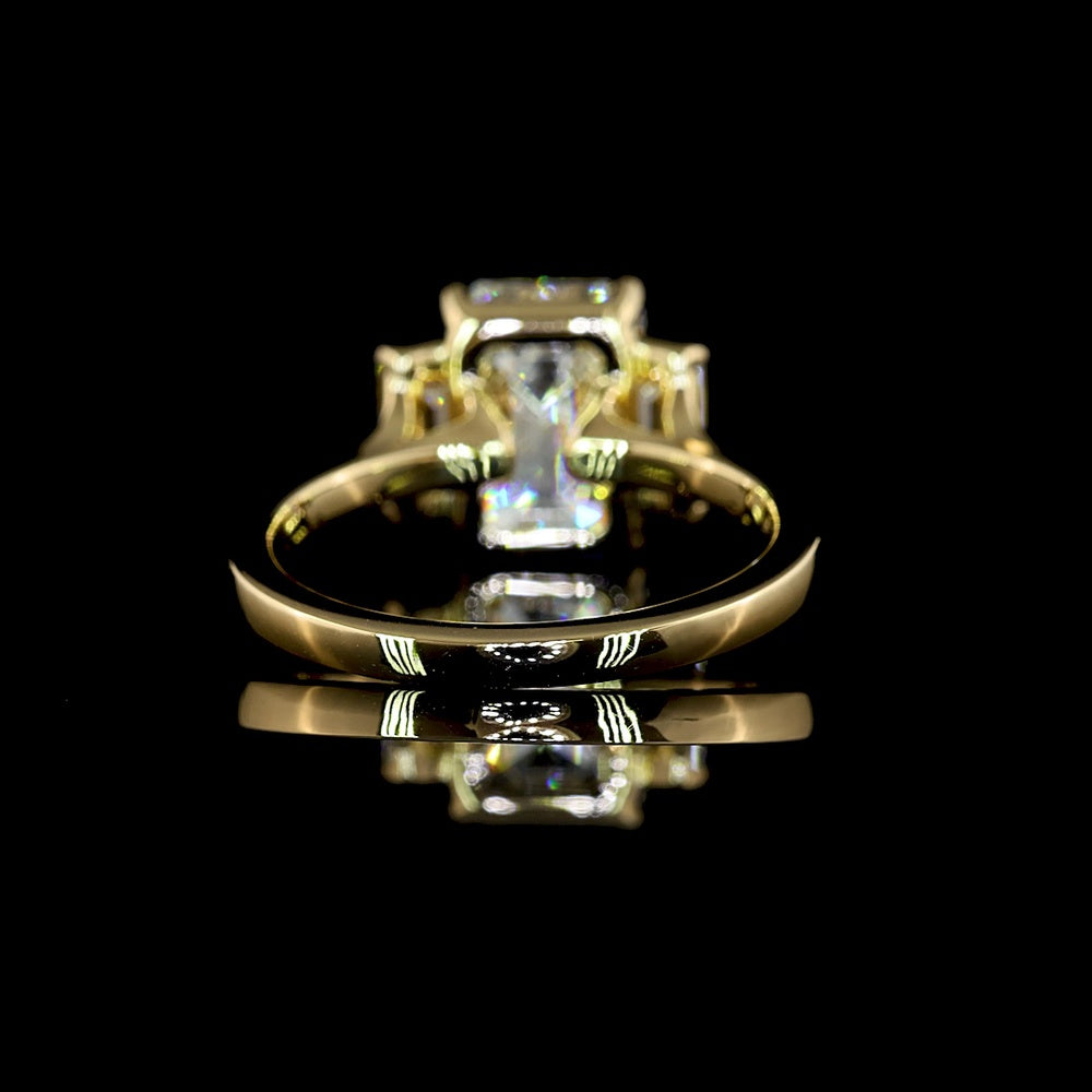14K Yellow Gold Three Stone Ring with 3.03 Carat Emerald Cut Lab Diamond and Baguette Sides - 3.67 Total Carat Weight - Covaloro Fine Jewelry
