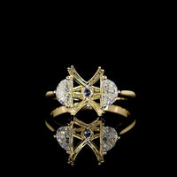 14K Yellow Gold Three Stone Ring with 3.04 Carat Emerald Cut Lab Blue Gemstone and 0.65 Carat Half-Moon Accent Stones - IGI Certified, 3.69 Total Carat Weight - Covaloro Fine Jewelry