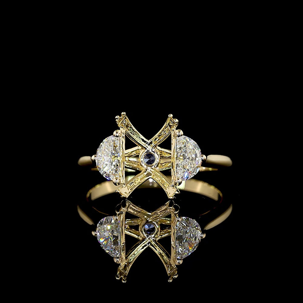 14K Yellow Gold Three Stone Ring with 3.04 Carat Emerald Cut Lab Blue Gemstone and 0.65 Carat Half-Moon Accent Stones - IGI Certified, 3.69 Total Carat Weight - Covaloro Fine Jewelry