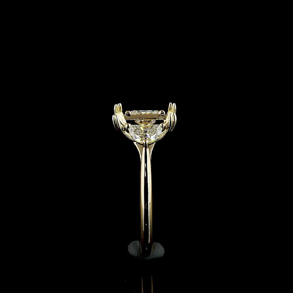 14K Yellow Gold Three Stone Ring with 3.04 Carat Emerald Cut Lab Blue Gemstone and 0.65 Carat Half-Moon Accent Stones - IGI Certified, 3.69 Total Carat Weight - Covaloro Fine Jewelry