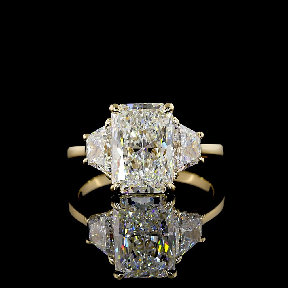 14K Yellow Gold Three Stone Ring with 3.14 Carat Radiant Lab Diamond and Trapezoid Side Stones - 4.15 Total Carat Weight, IGI Certified E VVS2 - Covaloro Fine Jewelry