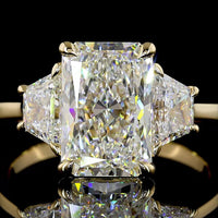 14K Yellow Gold Three Stone Ring with 3.14 Carat Radiant Lab Diamond and Trapezoid Side Stones - 4.15 Total Carat Weight, IGI Certified E VVS2 - Covaloro Fine Jewelry