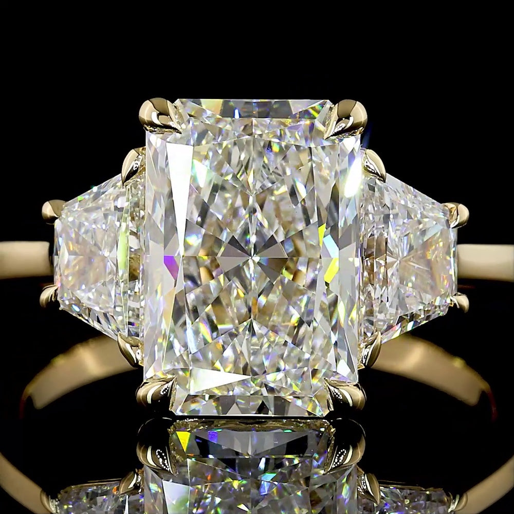 14K Yellow Gold Three Stone Ring with 3.14 Carat Radiant Lab Diamond and Trapezoid Side Stones - 4.15 Total Carat Weight, IGI Certified E VVS2 - Covaloro Fine Jewelry