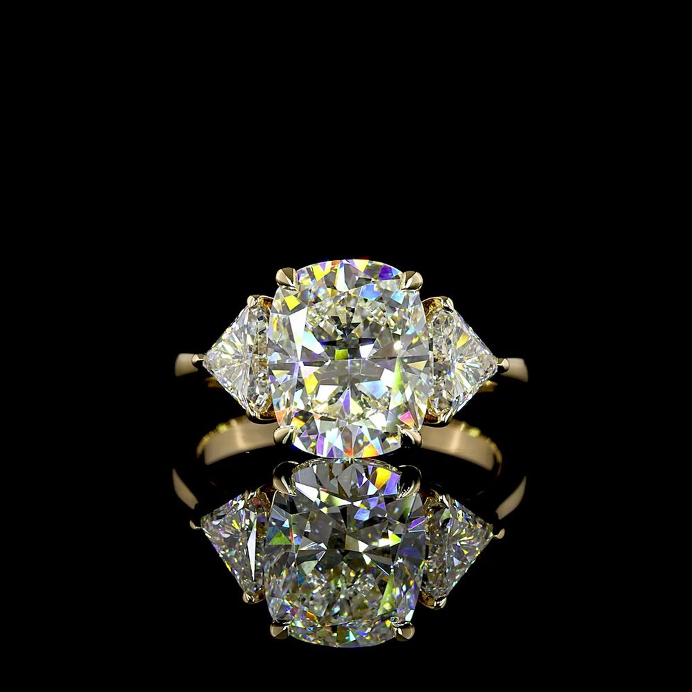 14K Yellow Gold Three Stone Ring with 3.55 Carat Cushion Brilliant Cut Lab Diamond and 1.02 Carat Shield Cut Side Diamonds - IGI Certified - 4.57 Carat Total Diamond Weight - Covaloro Fine Jewelry
