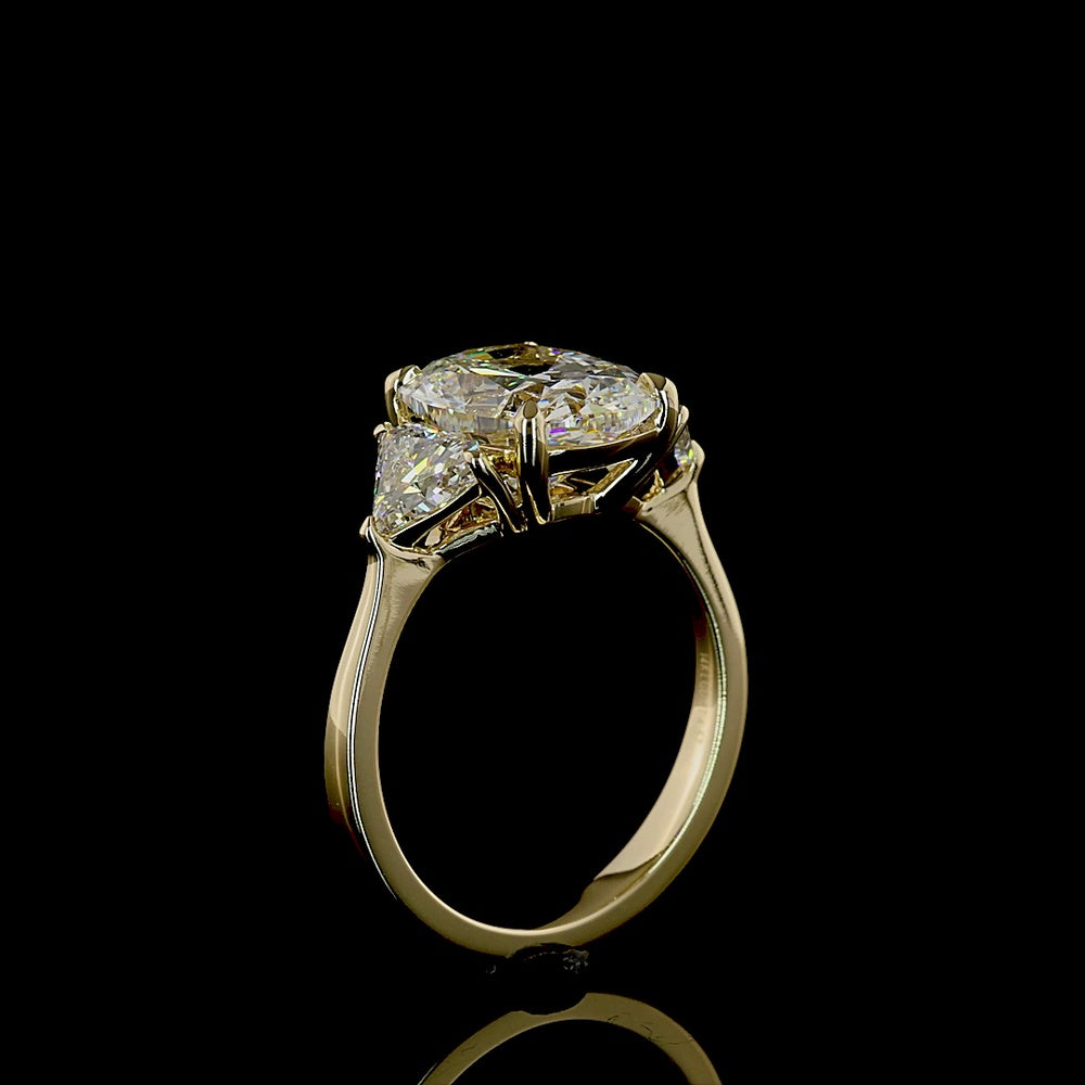 14K Yellow Gold Three Stone Ring with 3.55 Carat Cushion Brilliant Cut Lab Diamond and 1.02 Carat Shield Cut Side Diamonds - IGI Certified - 4.57 Carat Total Diamond Weight - Covaloro Fine Jewelry